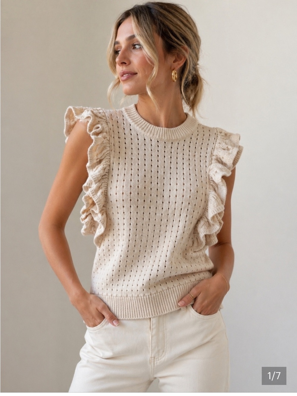 Who What Wear Cream Ruffle-Sleeve Button-Back Knit Top
